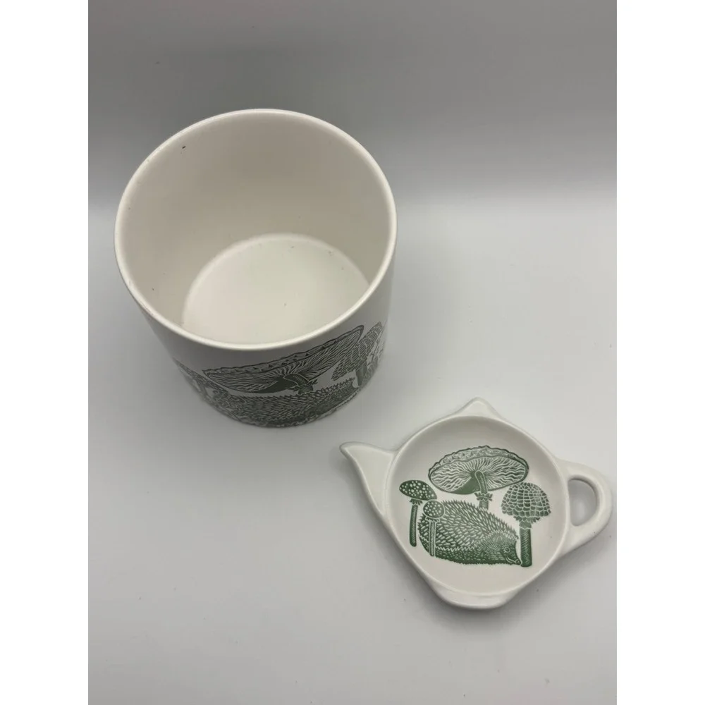 Kate Heiss Hedgehog Mushroom Ceramic Planter and Teapot Tea Bag Rest Set